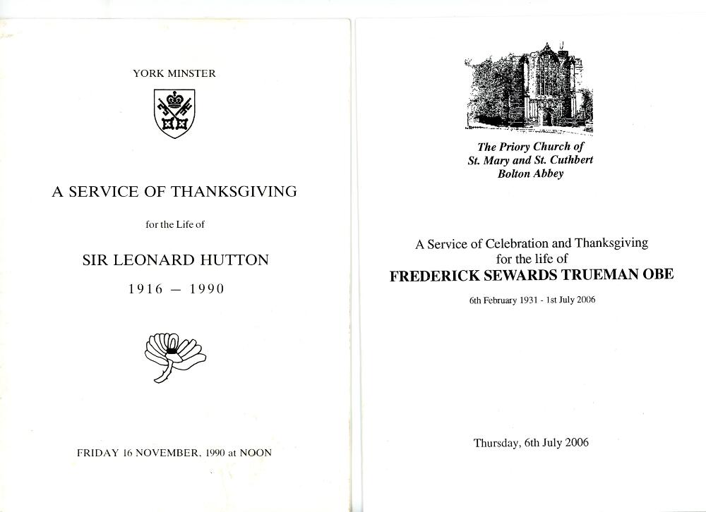 Sir Leonard Hutton 1916-1990. Order of Service of Thanksgiving for Hutton held at York Minster on