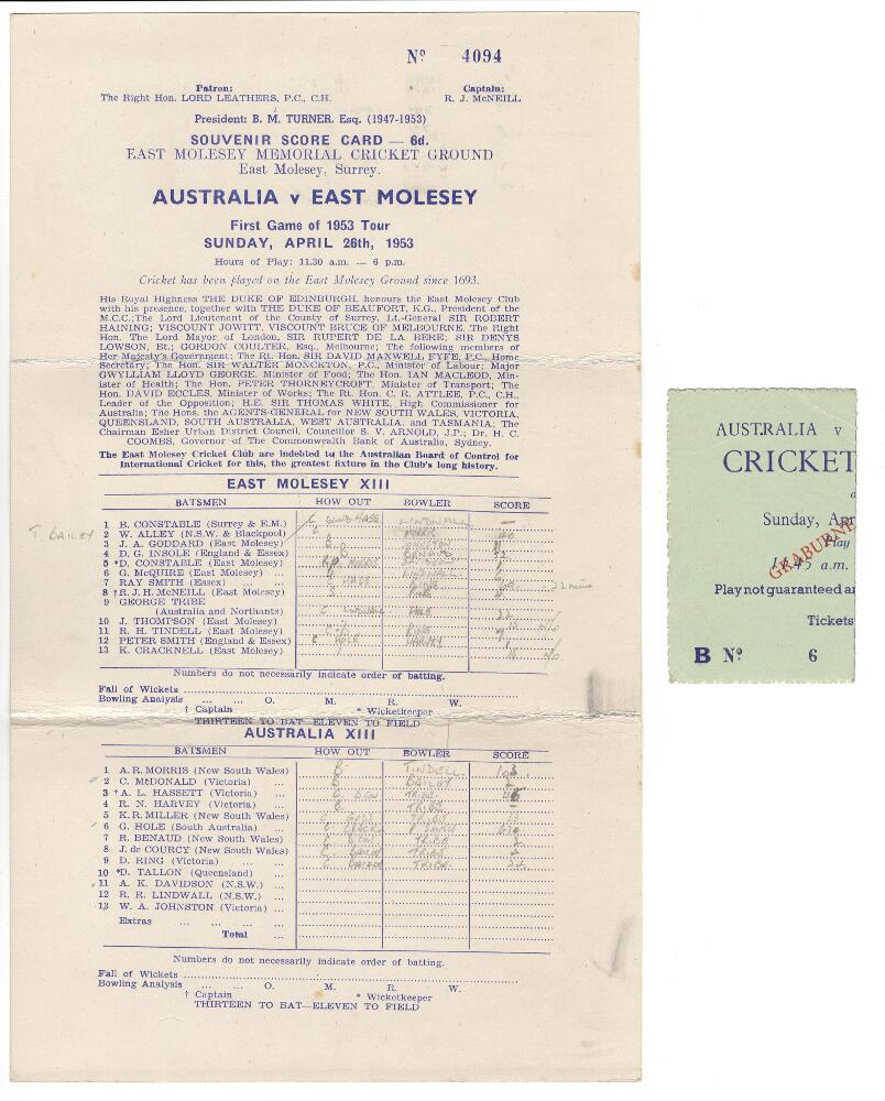 Australia tour to England 1953. 'Coronation Tour'. A selection of items relating to the opening - Image 3 of 3