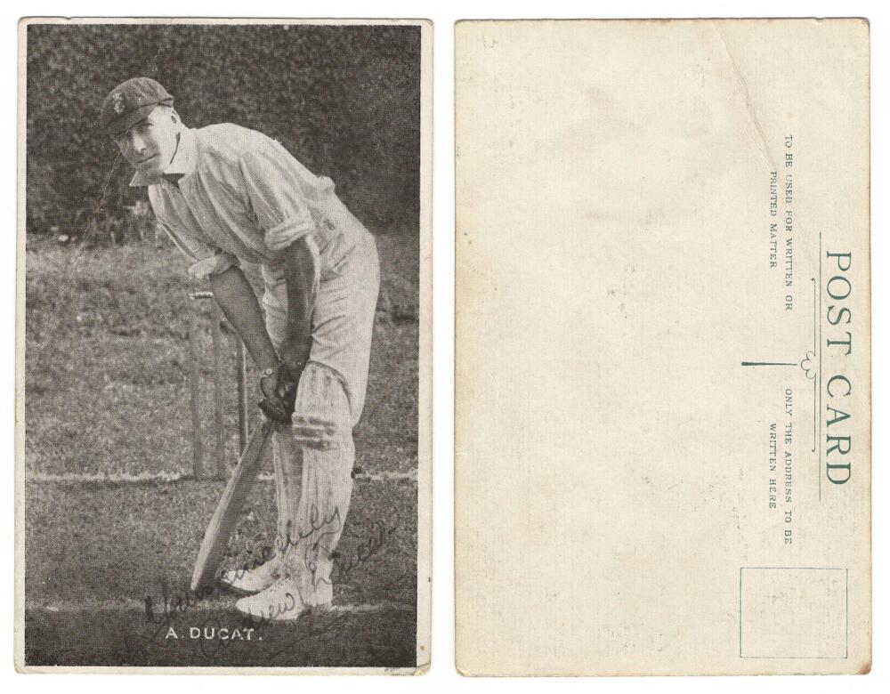 Andrew Ducat. Surrey & England 1906-1931. Mono postcard of Ducat in batting pose at the crease.