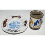 'Yorkshire Evening News. Brightest Evening Paper'. Original tin advertising ashtray with images to