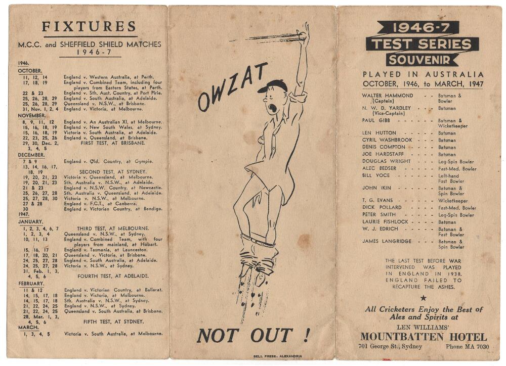 M.C.C. tour of Australia 1946/47. Five items from the 1946/47 tour. Original Australian tour folding