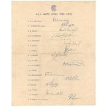 M.C.C. tour to South Africa 1956/57. Official autograph sheet signed in ink by fifteen members of