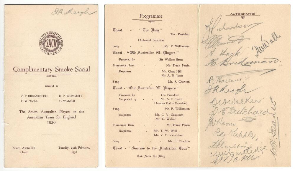 Australia tour to England 1930. Official menu for a 'Complimentary Smoke Social' given for the