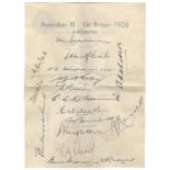 Australian tour to England 1938. Official autograph sheet with printed title, 'Australian XI- Gt.