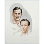 Len Hutton & Denis Compton, England. Original watercolour artwork portrait painting of both Hutton