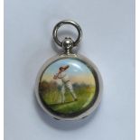 Cricket sovereign case. A Victorian silver sovereign case, decorated in enamel with a figures of a