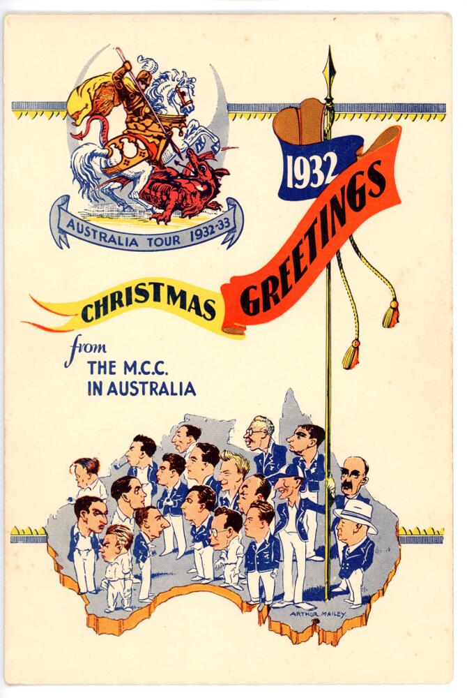 'Bodyline'. Official M.C.C. Christmas card from the M.C.C. 'Bodyline' tour of Australia 1932/33.