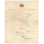 Australia tour to England 1956. Official autograph sheet fully signed in ink by all seventeen