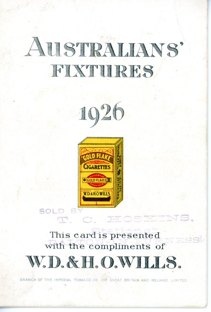 'Australian's Fixtures 1926'. Small folding card fixture list issued by W.D. & H. Wills in 1926