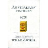 'Australian's Fixtures 1926'. Small folding card fixture list issued by W.D. & H. Wills in 1926