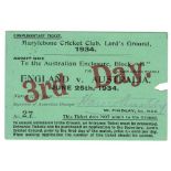 England v Australia 1934. Original complimentary match ticket for the second Test, Lord's, 22nd-25th
