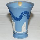 The Football Association. Tall blue Wedgewood trumpet vase commissioned by the Football
