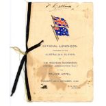 Australian tour of England 1930. Official 'Luncheon menu tendered to the Australian Eleven [on route