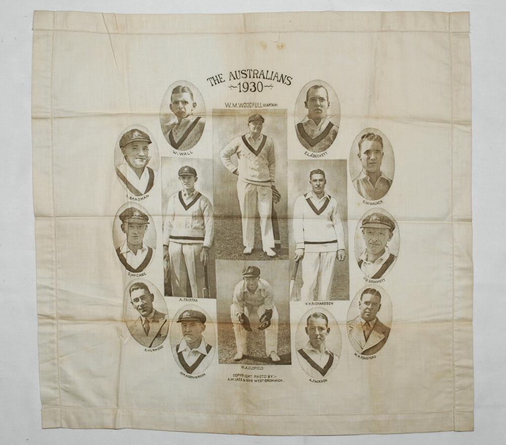 'The Australians 1930'. Linen handkerchief with printed images of the Australian players with