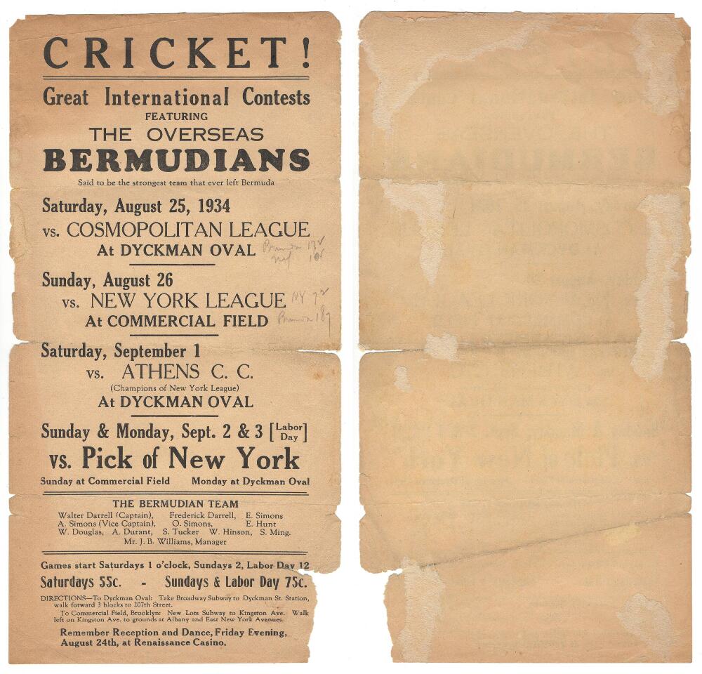 Bermuda tour to United States of America 1934. Original handbill titled 'Cricket! Great