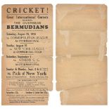 Bermuda tour to United States of America 1934. Original handbill titled 'Cricket! Great