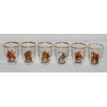 Epsom Derby winning horses. Six shot glasses, each depicting a colour transfer printed image of a