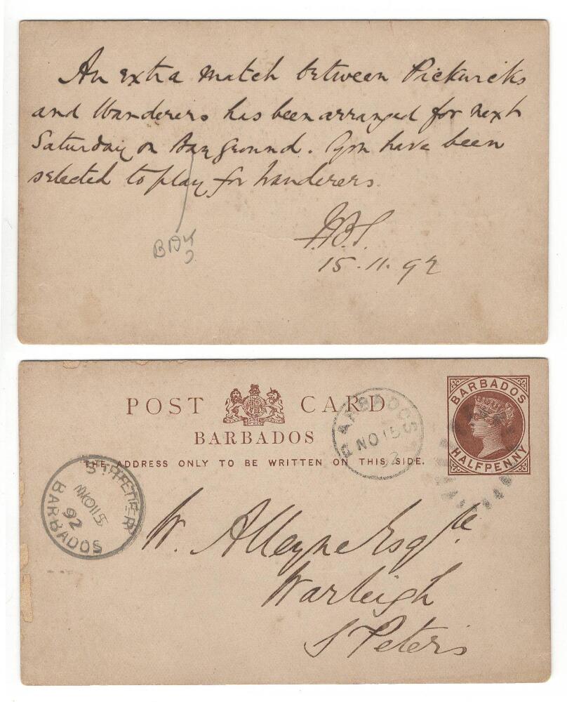 Cricket in Barbados 1892. Pre-paid postcard addressed to W.A. Alleyne at St. Peter's, Barbados,