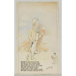Original cricket artwork. Large original pen and ink caricature, high lighted in watercolour, of a