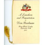 Don Bradman 1948. Official menu for 'A Luncheon and Presentation to Don Bradman'. Savoy Hotel,