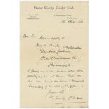 John Glennie Greig. Hampshire, 1901-1922. Single page handwritten letter in ink from Greig dated