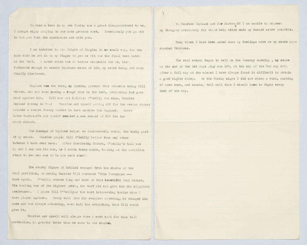 Len Hutton. Yorkshire & England 1934-1955. 'Test Matches'. Original five page typed manuscript of an - Image 2 of 2