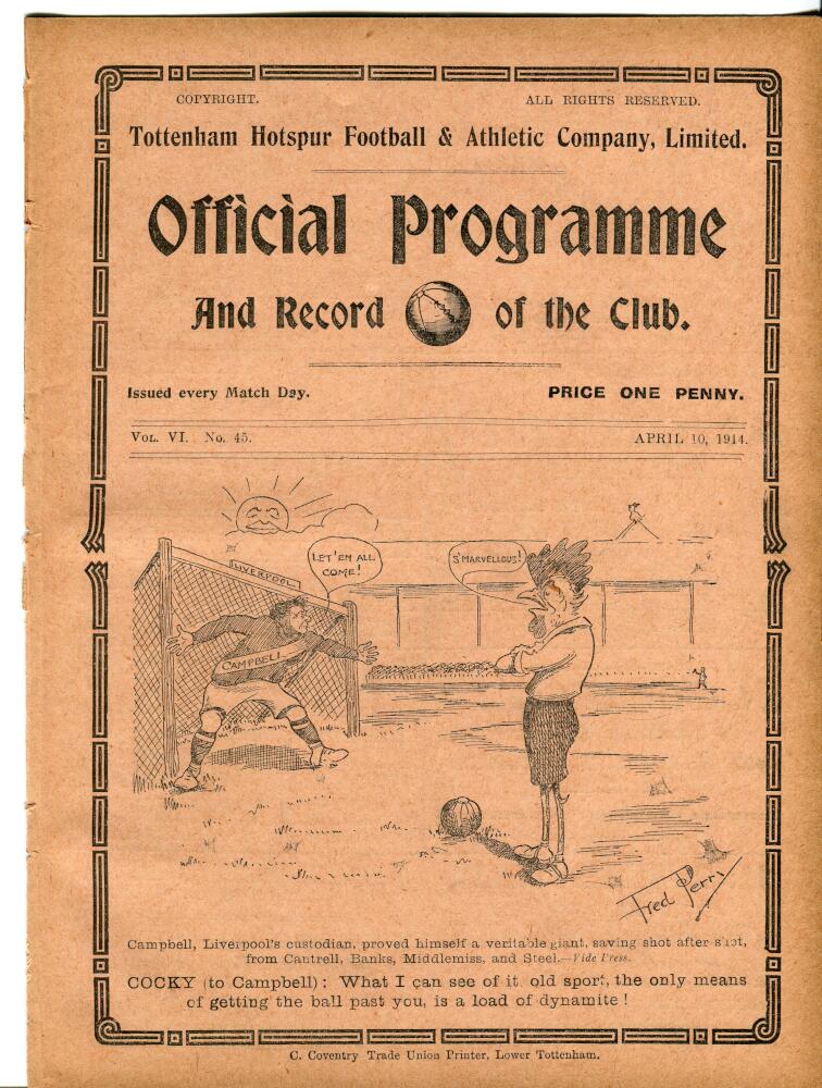 Tottenham Hotspur v Bolton Wanderers. English League Division 1. Season 1913-1914. Original