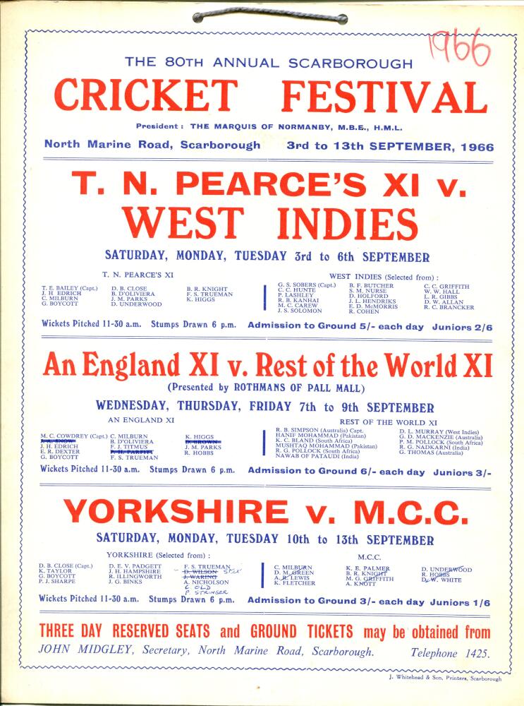 'The Annual Scarborough Cricket Festival'. Four official large hanging cricket fixture cards for the - Image 2 of 3