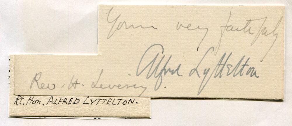 Alfred Lyttelton. Cambridge University, Middlesex & England 1876-1887. Ink signature on card piece