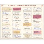 'Surrey C.C.C. Championship County 1952-8'. Unofficial autograph sheet with printed title and