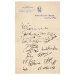Wartime cricket at Lord's 1941. Sixteen signatures in black ink signed to Lord's Cricket Ground