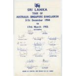Sri Lanka tour to Australia, Singapore and Bangladesh 1984/85. Official autograph sheet fully signed