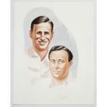 Len Hutton & Denis Compton, England. Original watercolour artwork portrait painting of both Hutton