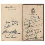 Australia tour of England 1934. Small rare 'Orient Line' menu for the S.S. Orford which brought both