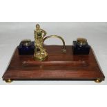 Victorian Desk Standish. Mahogany desk standish with brass feet and handle, blue glass inkwells with