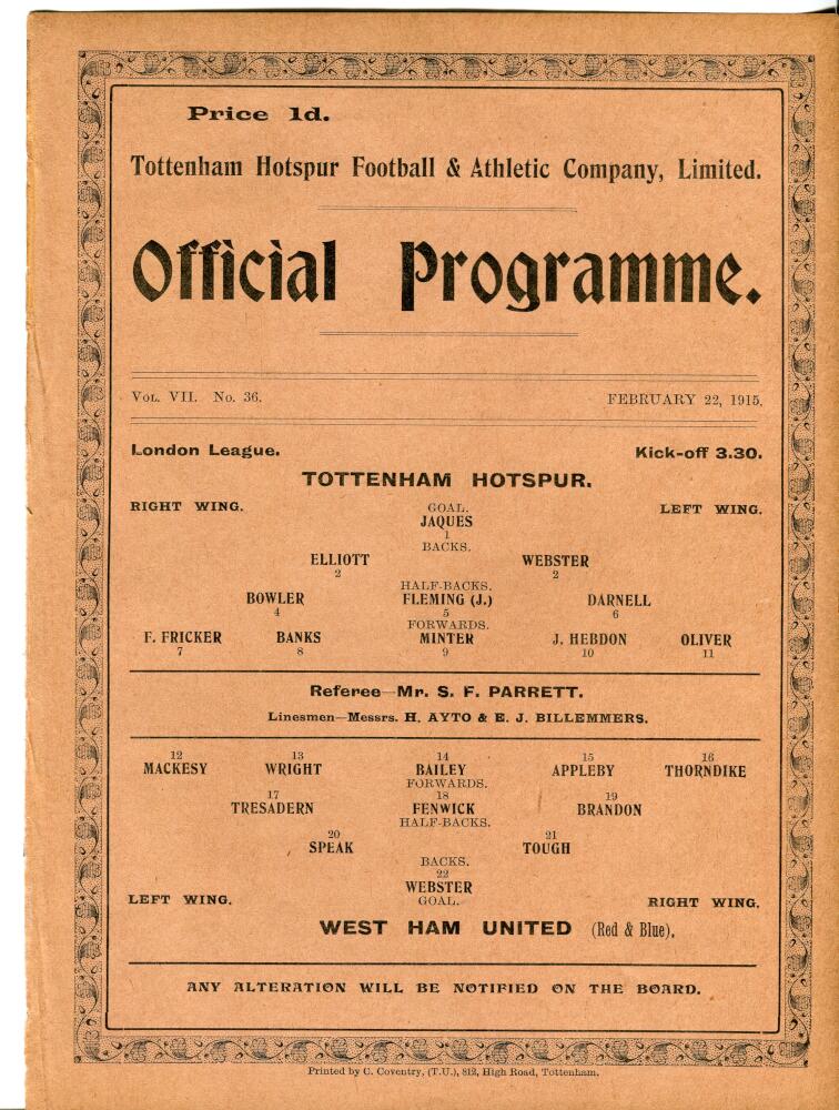 Tottenham Hotspur v Queens Park Rangers and v West Ham United. London League. Season 1914-1915. - Image 2 of 2