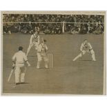 Australia tour to England 1938. Original sepia press photograph of Bradman playing a shot to leg