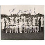 England v South Africa 1951. Original mono press photograph of the England team with the two umpires