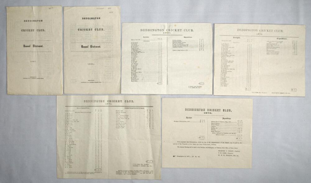 Deddington Cricket Club, Oxfordshire, 1867-1876. Six early printed 'Annual Statement' of accounts