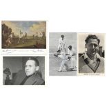 Signed postcards. Four postcards, one published by M.C.C. signed by Don Bradman and Len Hutton. Also