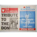 Don Bradman. Selection of three Australian newspaper posters breaking the news of Bradman death.