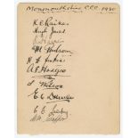 Monmouthshire C.C.C. 1930. Album page nicely signed in black ink by ten Monmouthshire players.