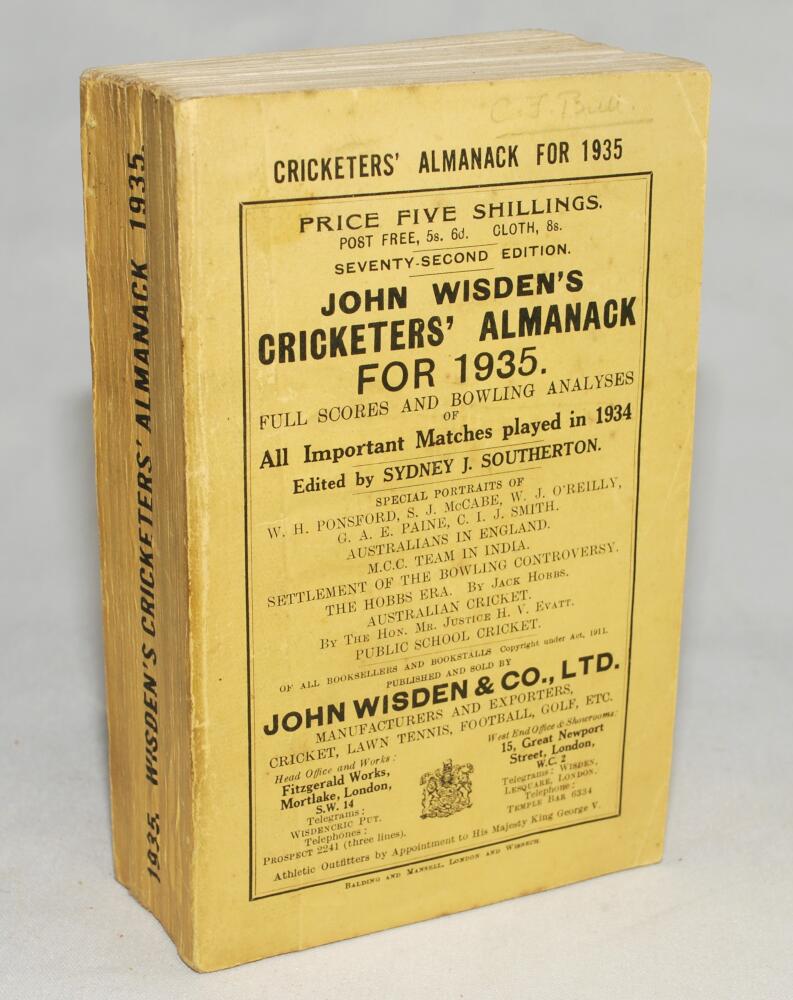 Wisden Cricketers' Almanack 1935. 72nd edition. Original paper wrappers. Minor wear, minor