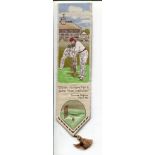 W.G. Grace. Silk bookmark with image of Grace batting with wicketkeeper and pavilion to