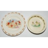 'Bunnykins'. Excellent Royal Doulton children's plate with rabbits playing beach cricket to centre