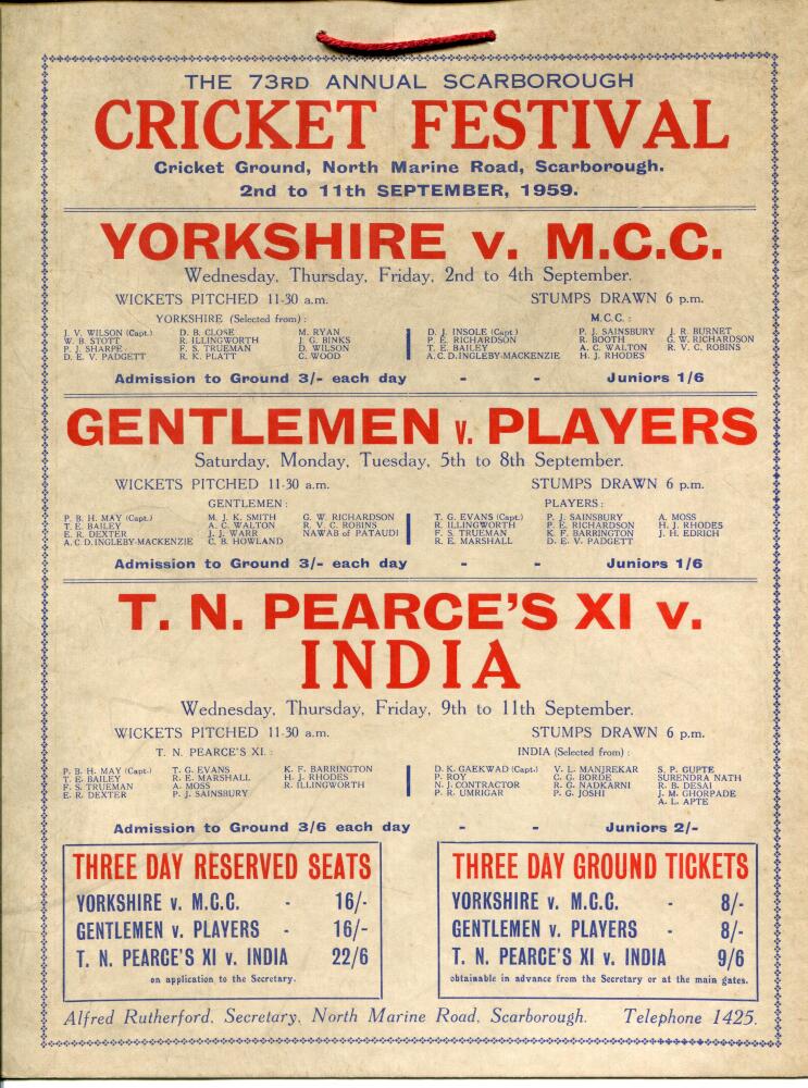 'The Annual Scarborough Cricket Festival'. Four official large hanging cricket fixture cards for the