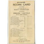 England v Australia 1926. Souvenir advertising scorecard 'Presented free by Nash's Cigarettes' for