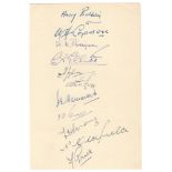 Umpires autographs 1950. Page signed in ink by eleven umpires including some former first-class