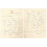 Leonard 'Len' Hutton. Yorkshire & England 1934-1955. Two page handwritten letter from Hutton to Jack