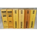 Wisden Cricketers' Almanack 1956, 1957, 1958, 1961, 1964 and 1966. Original limp cloth covers. The